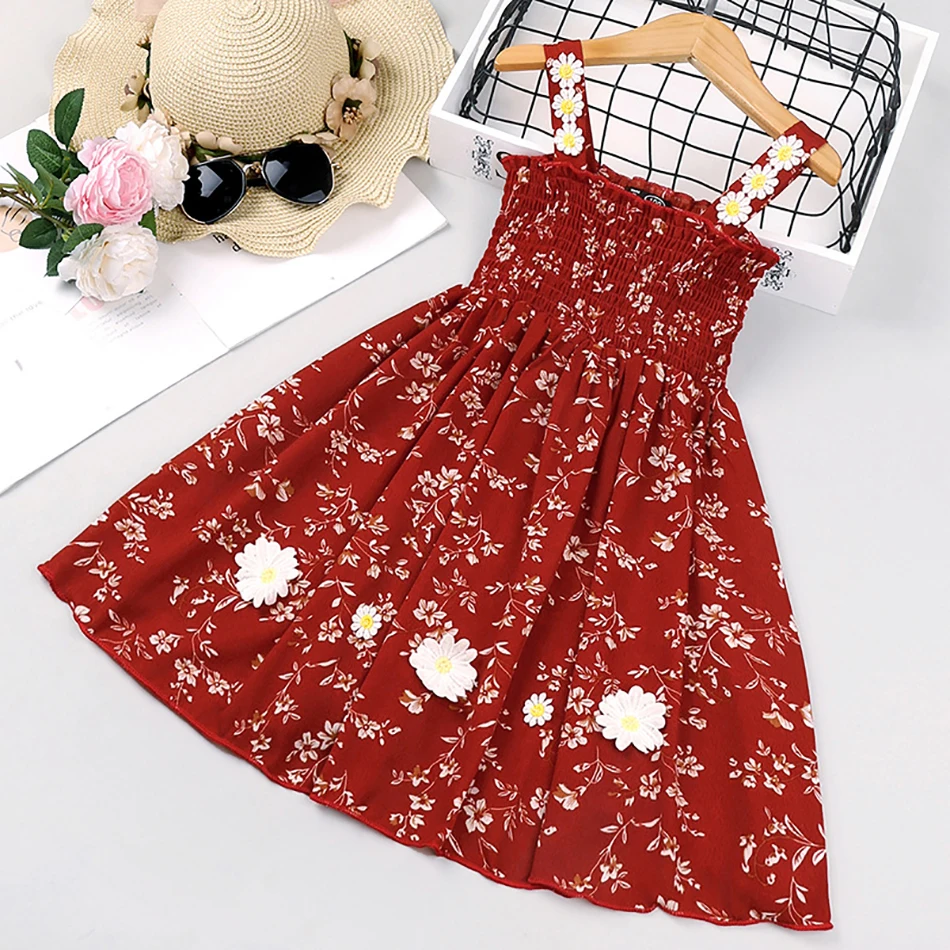 Summer Princess Dresses for Baby Girls Sleeveless Lovely Floral Printing Lattice Children's Dress 2021 Spring Casual Clothes | Детская