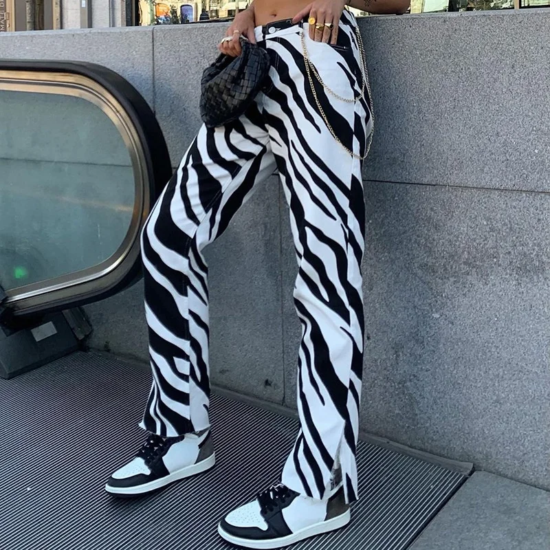 

Zebra Print Color Contrast Straight High Waist Women Pants Pocket Ins Style Casual Streetwear Fashion Autumn Winter Trouser 2021