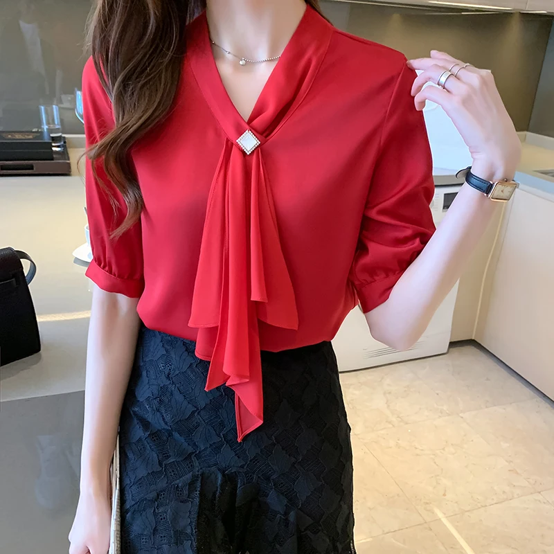 

Women Shirt Chiffon strap Blouses for Women short sleeve Shirt women's clothing 2021 White V-neck Blouse Female 2021 Basic Shirt