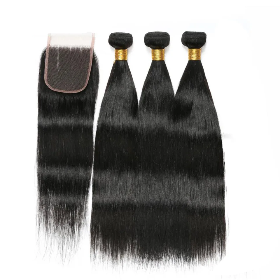 Straight Human Hair Bundles With Closure Brazilian 3 150% Density 4x4 Lace Wig Natural Black |