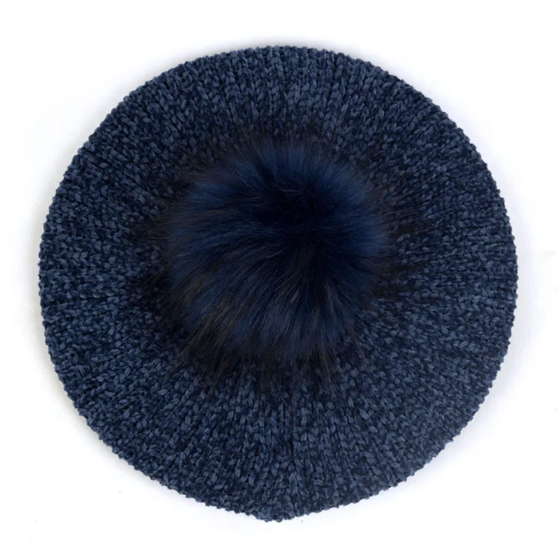 Navy4 Женские Модные береты с помпон из искуственного меха Pom Chenille мягкие зимние теплые шапки женские французские художники берет шапки для волос Повседневная шапка - Цвет: Navy4