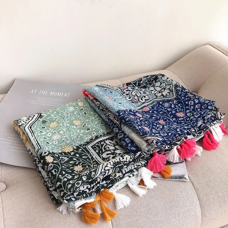 Женский шарф-пашминовый палантин с кисточками геометрическим рисунком 2021 шаль