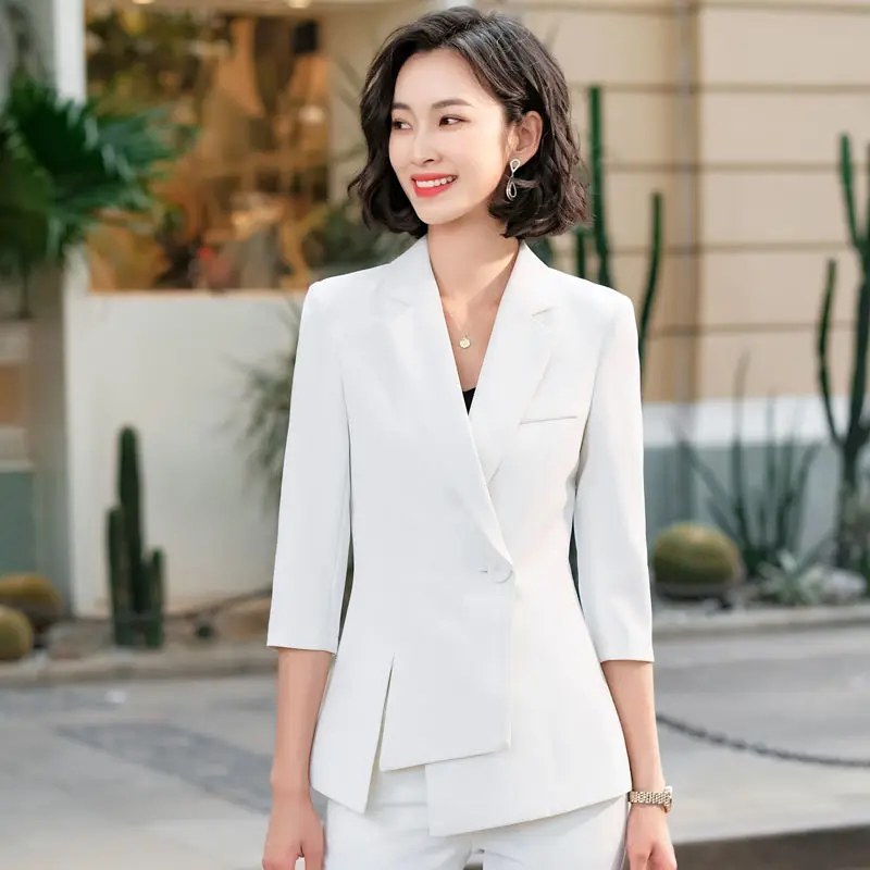 

Women 2021 Spring Summer Work Pant Suits OL 2 Piece Set Female One Button Blazer Jacket & Trousers Suit for Office Lady Set X174