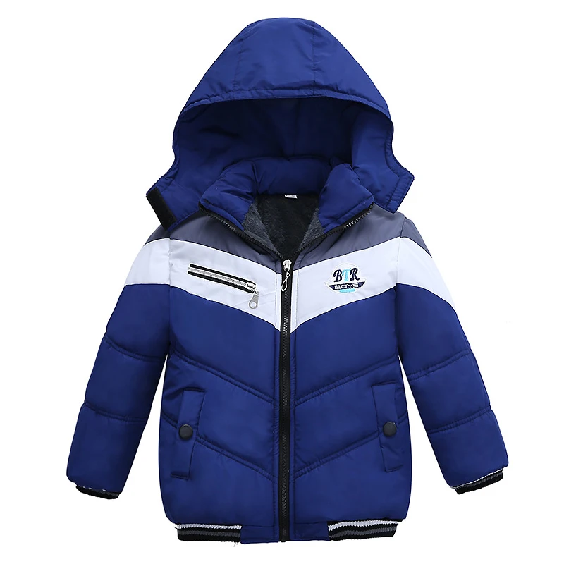 

1-5years old boys girls winter cotton jacket letter embroidery thick stripes stitching plus velvet warm hooded high-quality coat