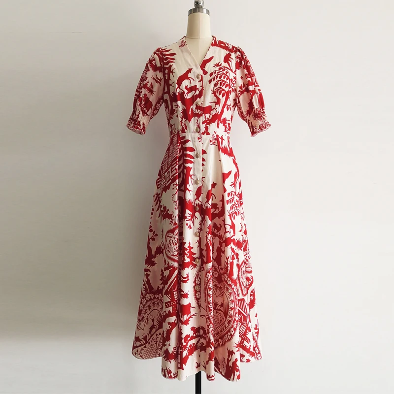 

Fashion 100% Cotton Runway 2021 Spring Summer Puff Sleeve Red White Flower Print Elegant Office Dress