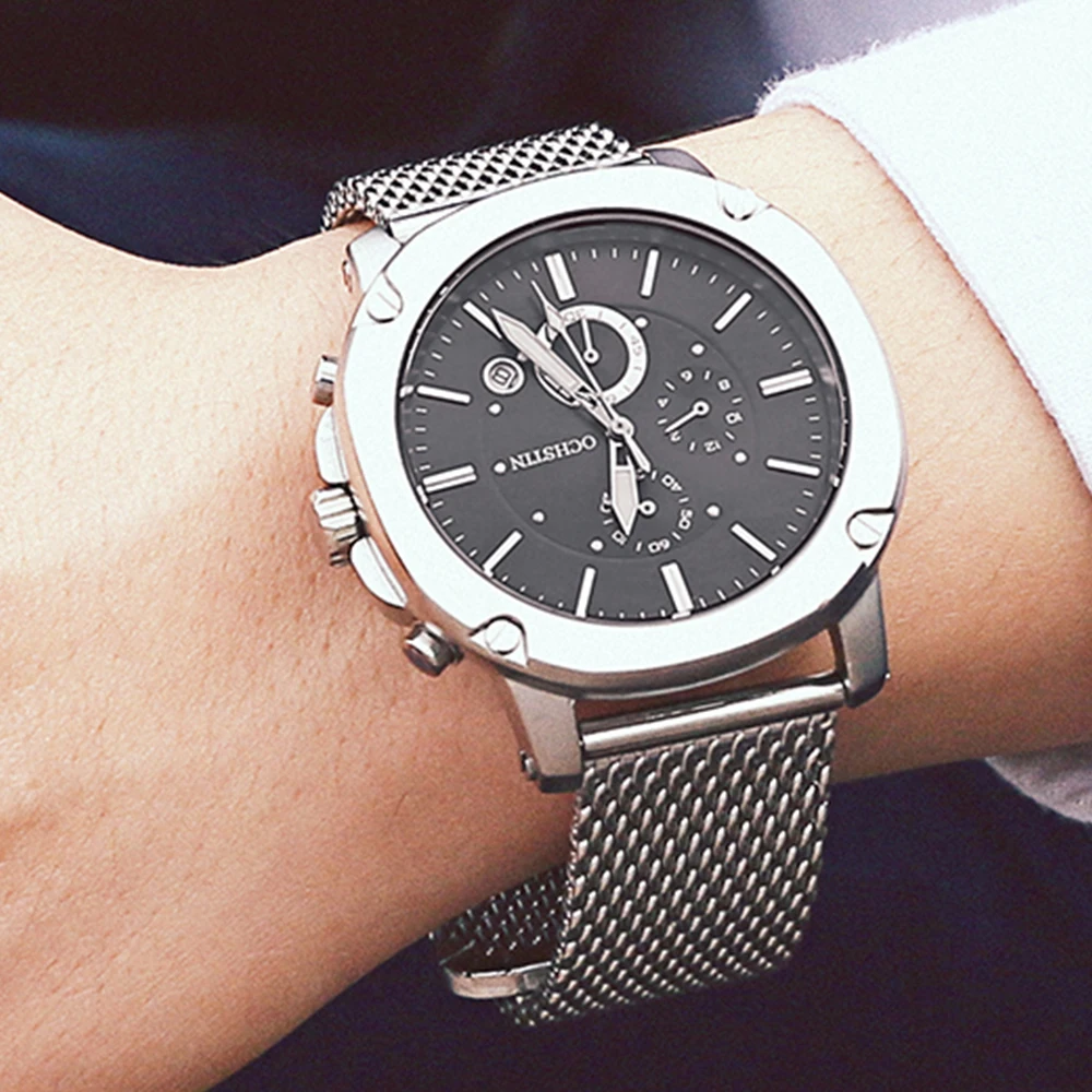 

Часы мужские Кварцевые водонепроницаемые из нержавеющей стали с кожаным ремешком