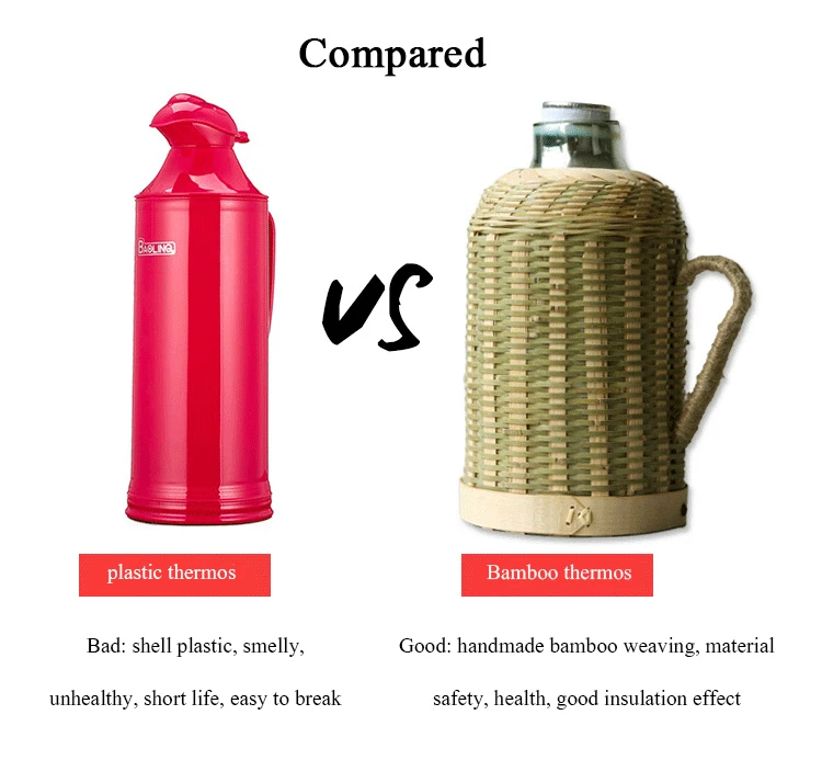 Handmade Bamboo Weaving Thermos Pot Bottle For Water With Cork Lid Cover And Handgrip Vacuum Flask Keep Warm Glass Inner Large