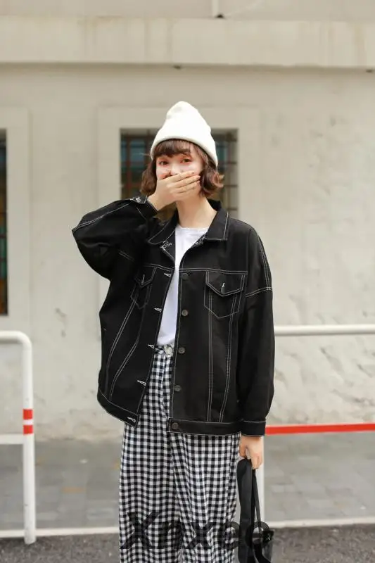 Женская джинсовая куртка Xnxee однотонная Свободная с длинным рукавом и винтажными