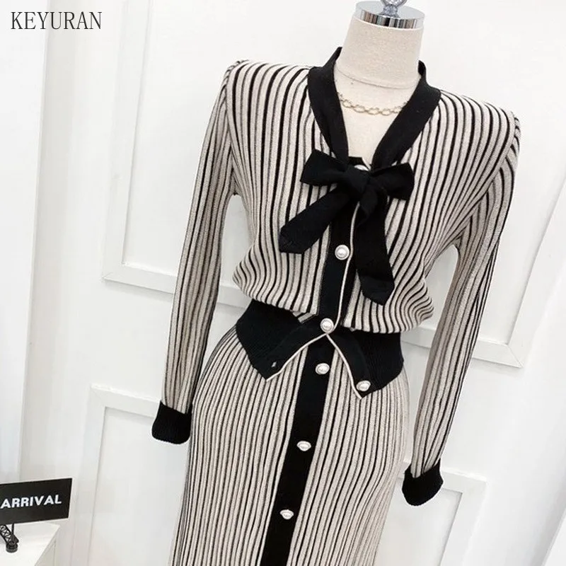 

Korean 2 Piece Sets Women Bow Striped Sweater + Single-breasted Elastic knitted Skirt Suits Casual Two Piece Set Sexy Outfit