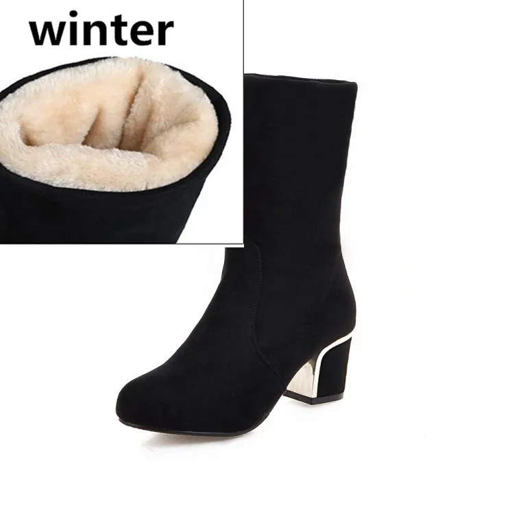 black winter YMECHIC/Коллекция года; сезон осень-зима; складывающиеся ботильоны из флока без застежки на высоком квадратном каблуке; женская обувь; цвет черный, синий; большие размеры - Цвет: black winter