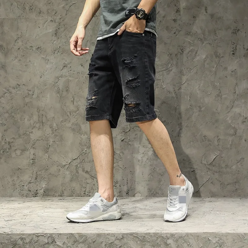 

Mens Clothes Summer Casual Sweatpants Fashion Ripped Knee Length Denim Trousers Streetwear Distressed Men Straight Jean Shorts