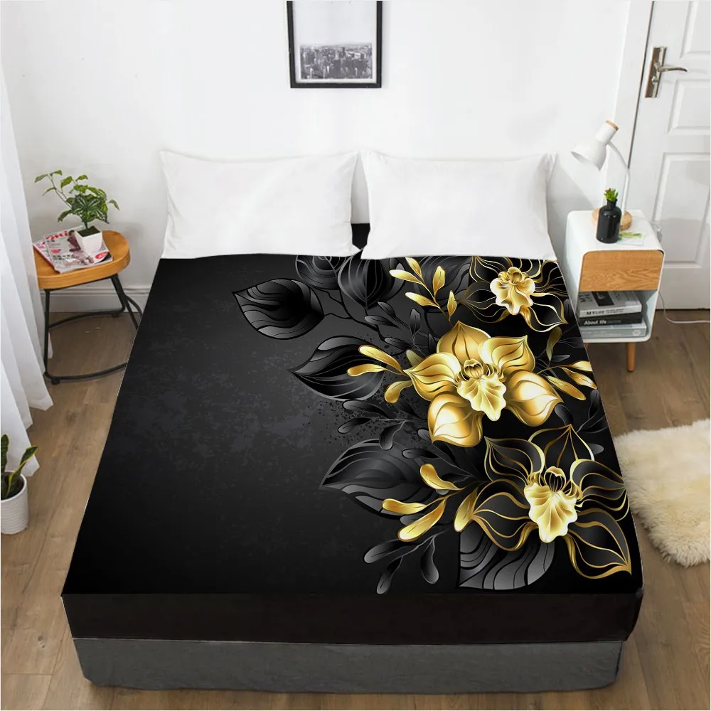 

3D HD Digital Printing Custom Bed Sheet with Elastic,Fitted Sheet Queen King Black Golden Flower Bedding Mattress Cover 180x200