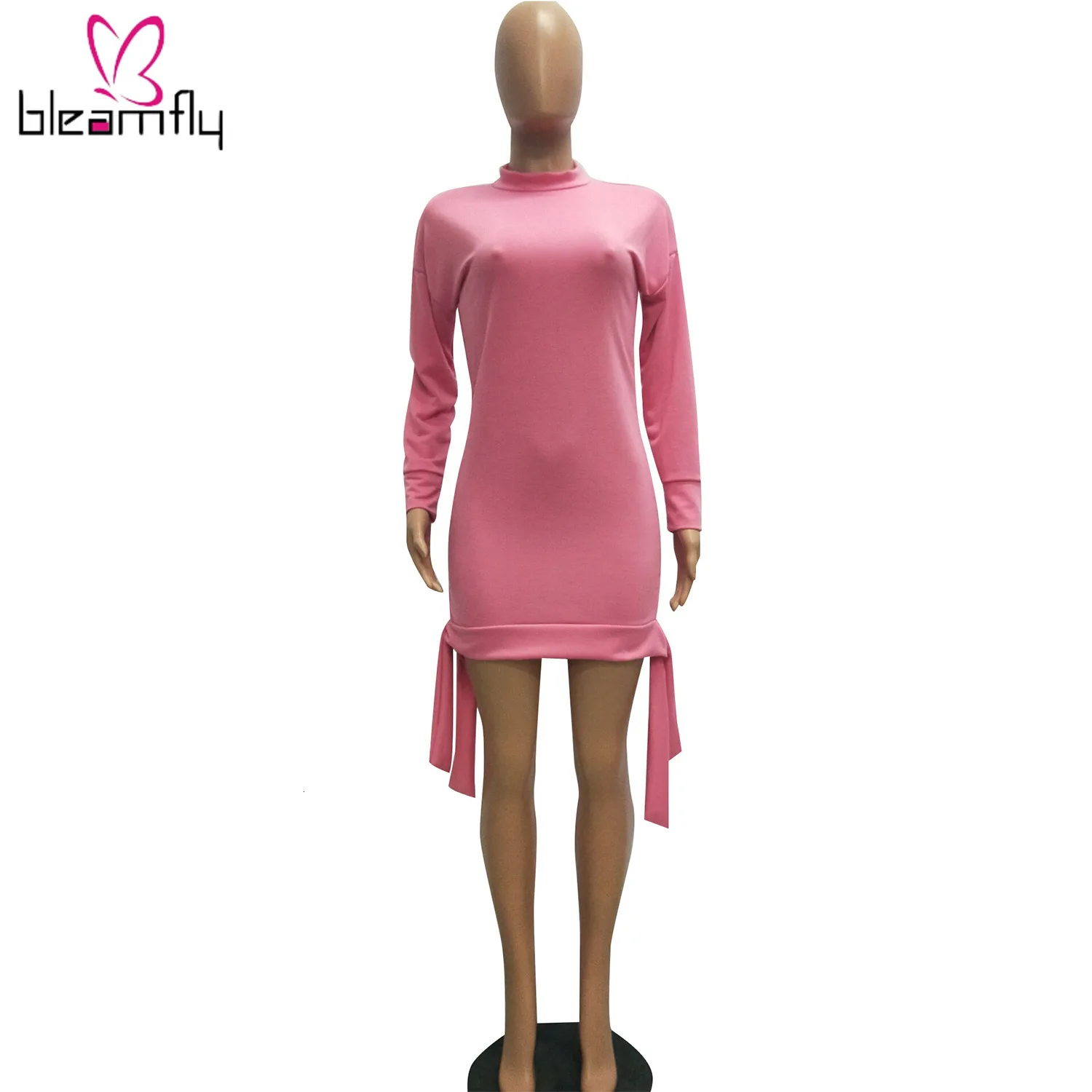 2019 женское осеннее Новое однотонное мини платье с длинным рукавом и завязками