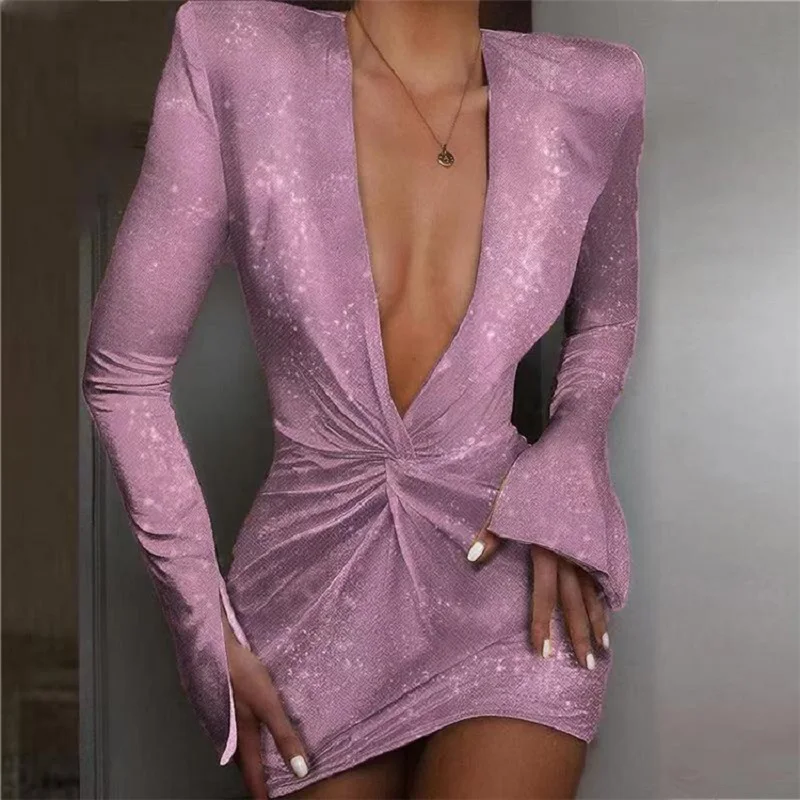 Для женщин сексуальная сатиновая Ночная сорочка Bodycon Вечерние Платье осеннее сексуальное нижнее белье с глубоким v-образным вырезом и рюшами; Клубное платье-мини-платье, женские элегантные платья с длинным рукавом блестящие платья Vestidos