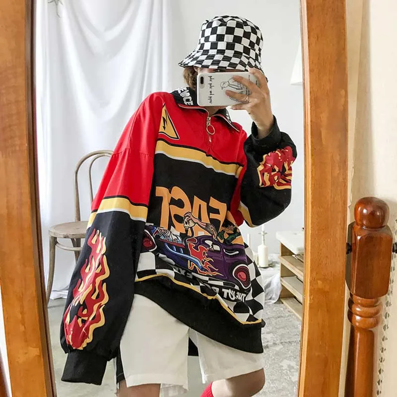 NiceMix женские трендовые Топы новые Ins Harajuku стиль принт пламя Свободный свитшот повседневные большие толстовки хип-хоп мода