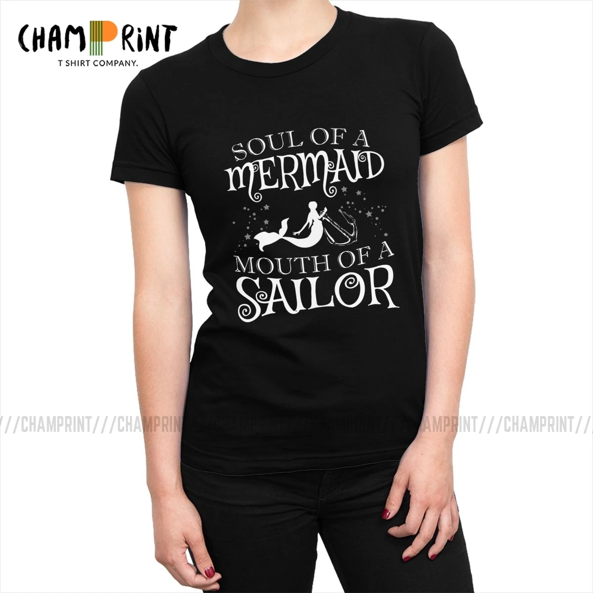 

Матросская футболка с надписью «Soul Of A Mermaid Mouth Of A», женская футболка, модные футболки из чистого хлопка с коротким рукавом, женская одежда с п...