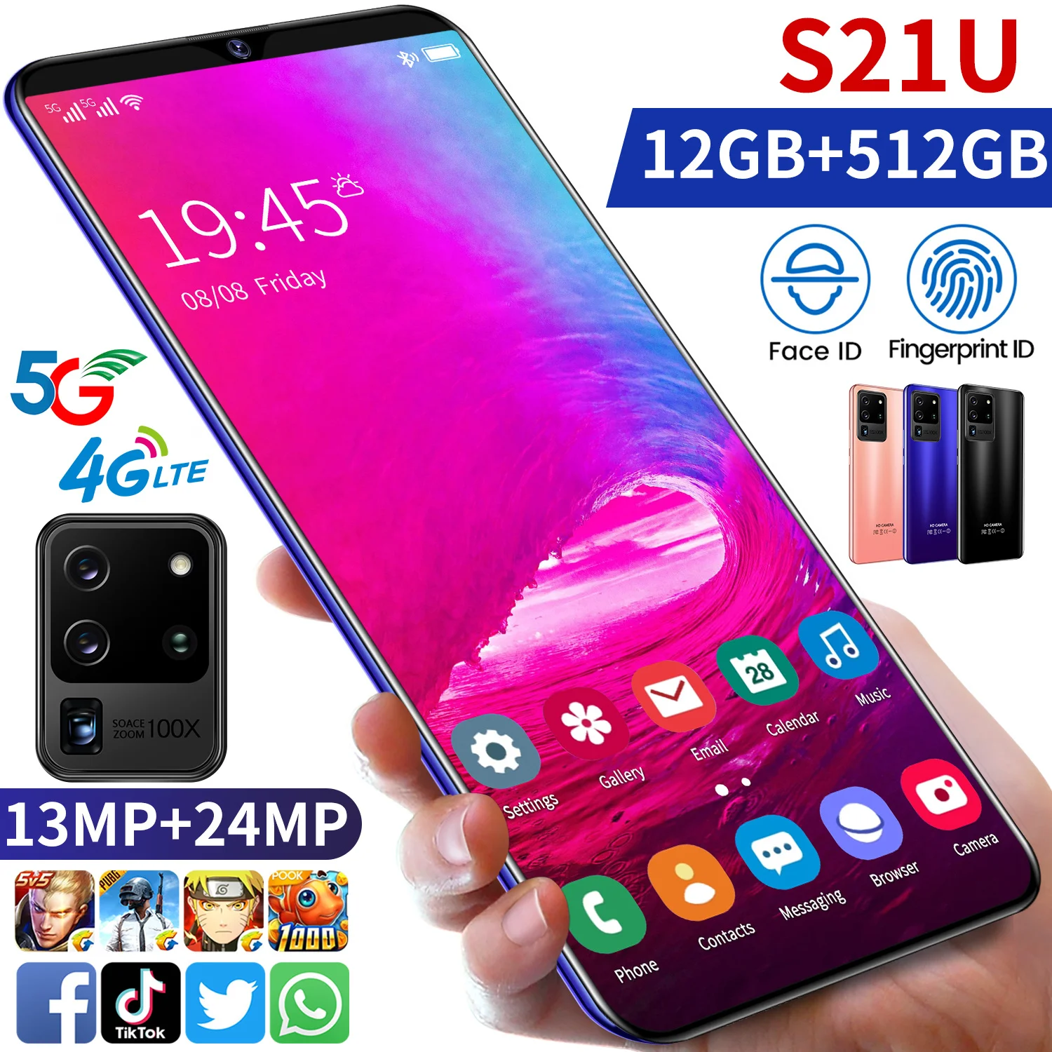 

s21U smartphone 5G 8G+128G High capacity Cheap Phone 24MP+48MP Ultrathin Full Screen Celular HD1440x3040 4800mah Face recognitio