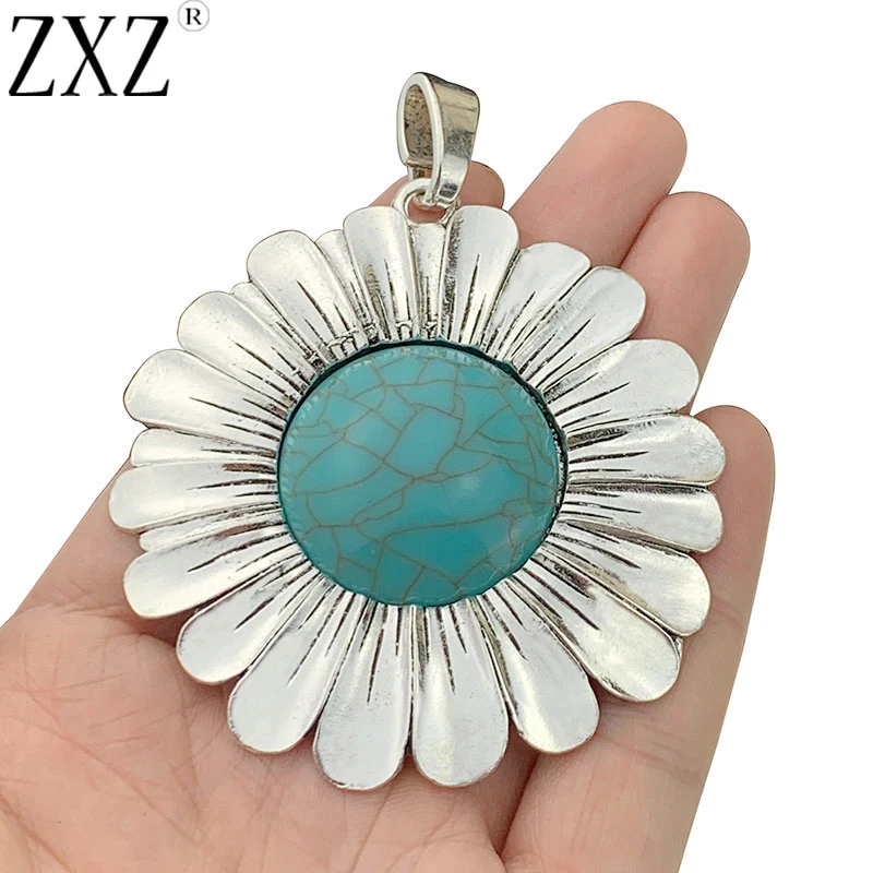 ZXZ 2pcs Tibetan Silver Large Sunflower & Imitation Stone Charms Pendants for Necklace Jewelry Making Accessories