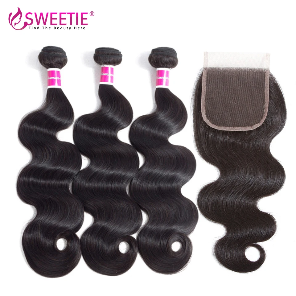 Sweetie Hair Brazilian Body Wave 4/ 3 Bundles With Closure 100% Human Hair Bundles With Lace Closure 4pcs/lot Non-Remy Hair Weft