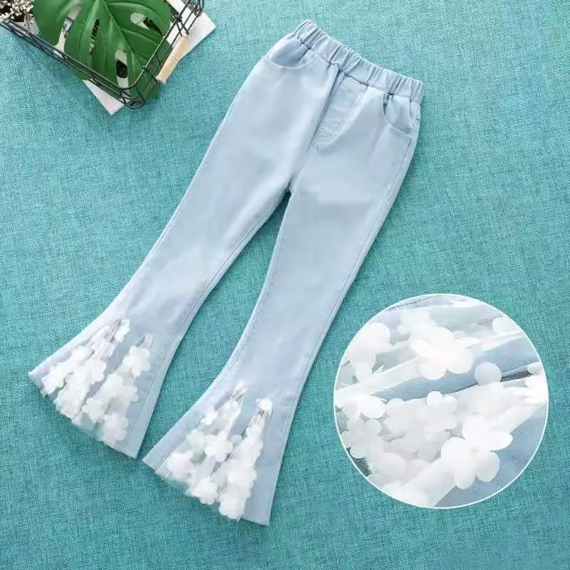 

Kids Spring Autumn Lovely Light Blue Stretch Jeans With White Lace Flares Slim Denim Trouser Girls Pants Children's Cowboy Pant