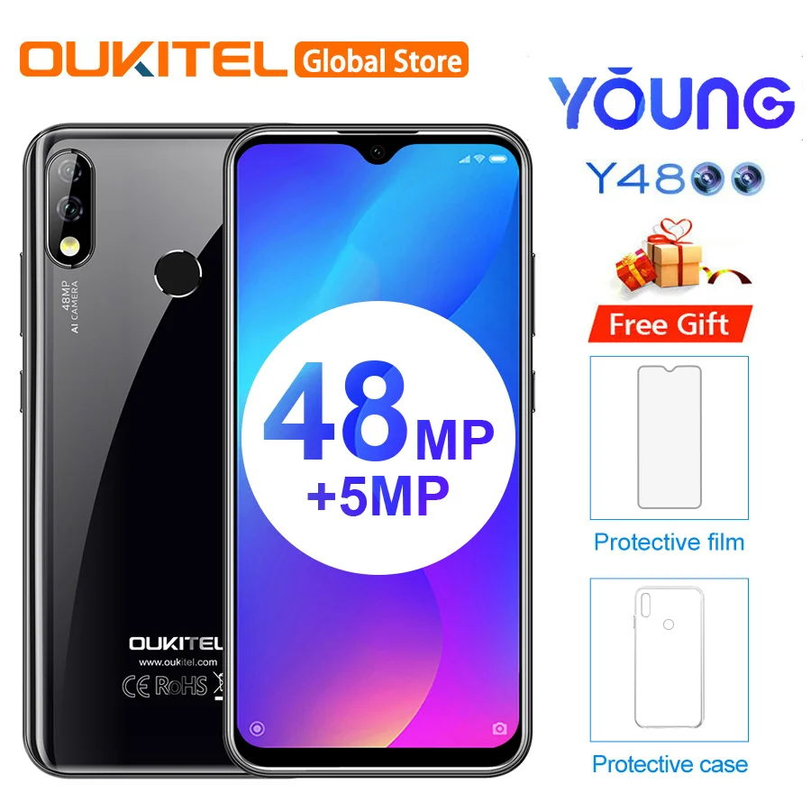 OUKITEL Y4800 6," FHD+ капля Android 9,0 Pie 6GB 128GB смартфон с отпечатком пальца 4G 4000mAh 9 V/2A Быстрая зарядка мобильный телефон