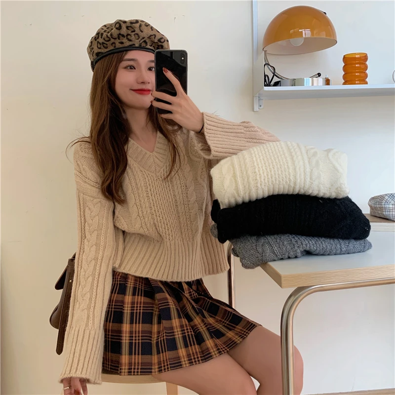 

O-Neck Knitted Solid Vintage Sweater Women 2020 New Casual Korean Loose Pullovers Autumn Winter Simple Long Sleeve W227