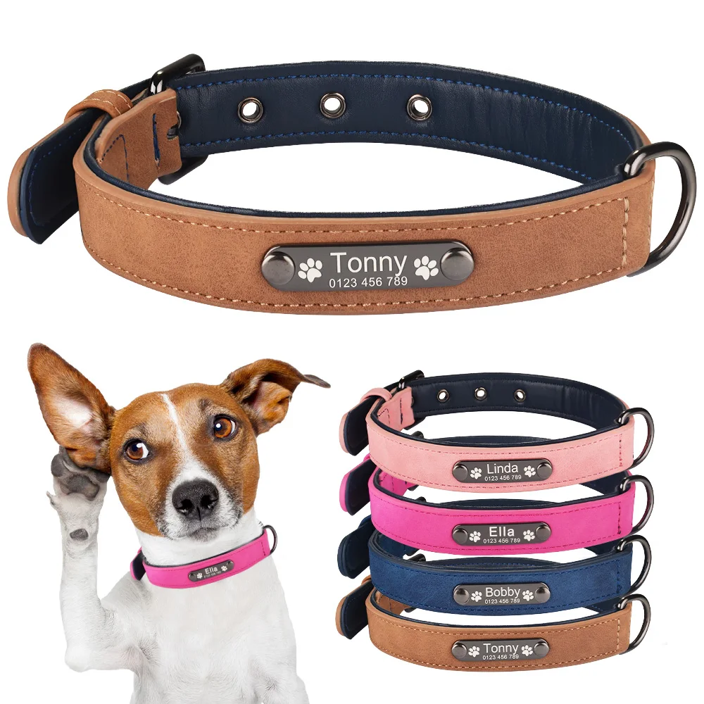 

Leather Personalized Dog Collars Customized Pet Dog Collar with Id Tags Adjustable Size for Large Medium Small Dog Puppies