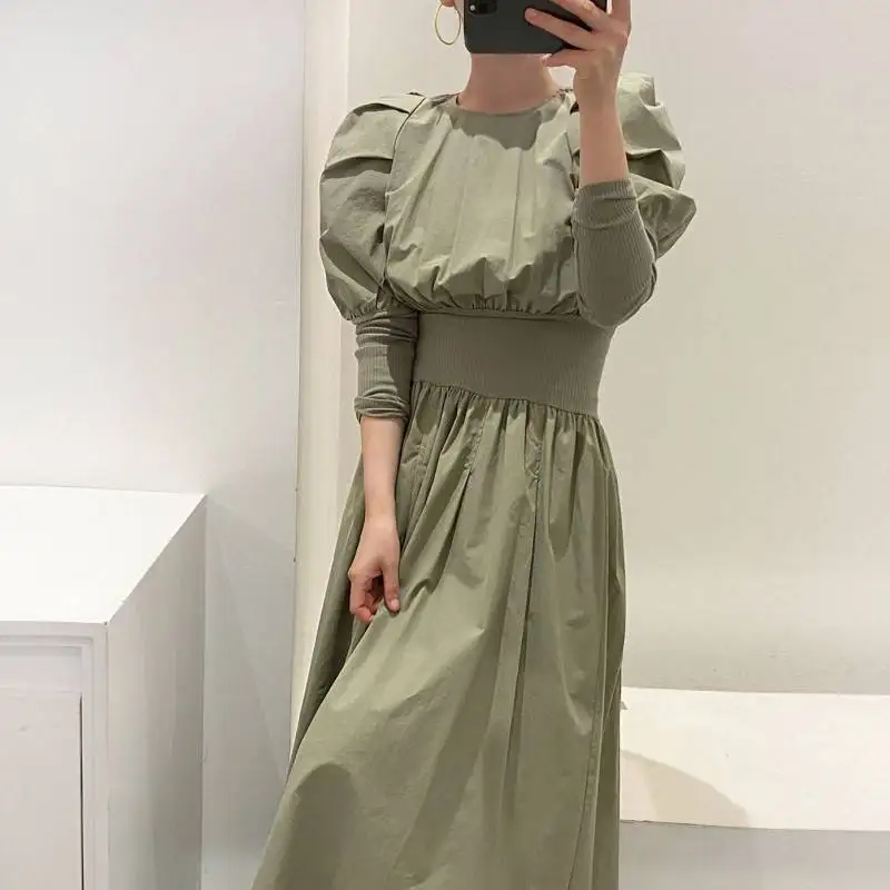 Autumn Solid Color Puff Sleeve Women Dress French Style Chic Pleated Slim Waist Vestidos O-neck A-line Dresses