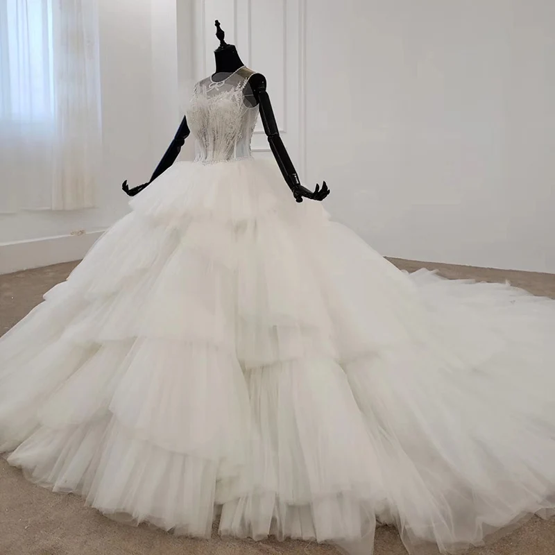 BGW Tulle Wedding Dress Short Sleeve Pearl Sequin Crystal Bow Lace Up Ball Gown Petite Wedding Dress Vestito Da Sposa 2020