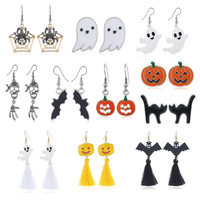 

11 Pairs Halloween Earring Horror Pumpkin Ghost Bats Dangle Hook Drop Women Girl Jewelry Gift