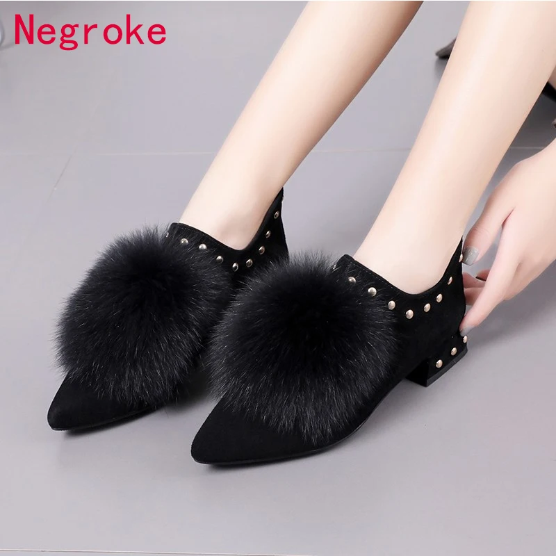 

Winter Ankle Boots Women Suede Fur Plush Ball Warm Shoes Woman Autumn Rubber Block Low Heel Zip Rivet Short Boots Women Shoes