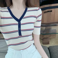 casual tee shrit femme striped v neck knit short sleeve tshirts women clothing 2021 summer korean fashion vintage acrylic tops