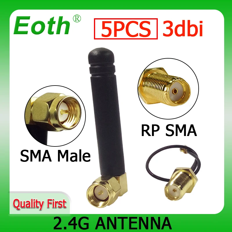 

EOTH 5pcs 2.4g antenna 3dbi sma male wlan wifi 2.4ghz antene IPX ipex 1 SMA female pigtail Extension Cable iot module antena