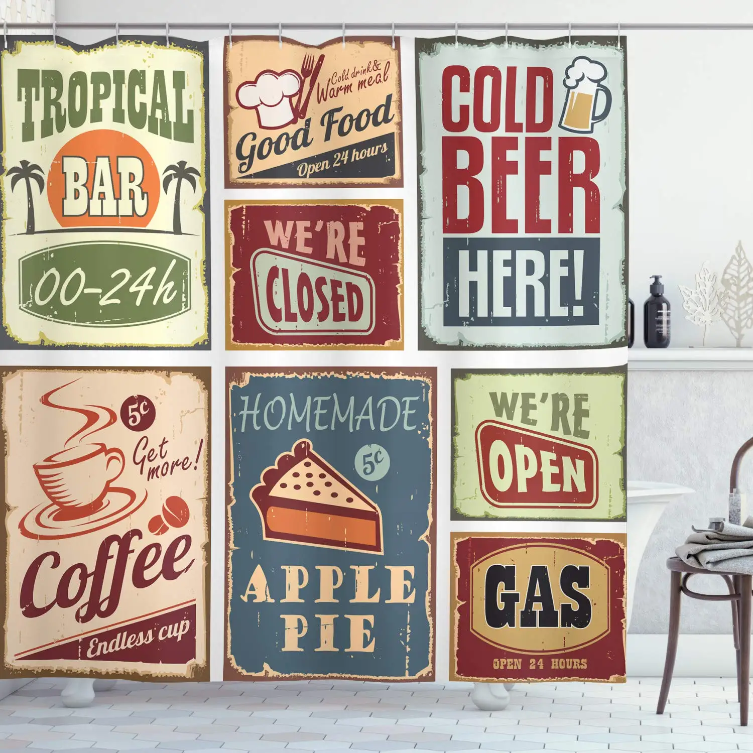 Vintage Style Signs Advertising Beverage Coffee Drink Aged Glass Tropical Shower Curtain Burgundy Ivory | Дом и сад