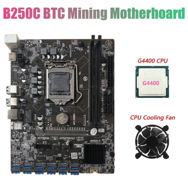 

B250C BTC Mining Motherboard with G4400 CPU+Cooling Fan 12XPCIE to USB3.0 GPU Card Slot LGA1151 Supports DDR4 RAM