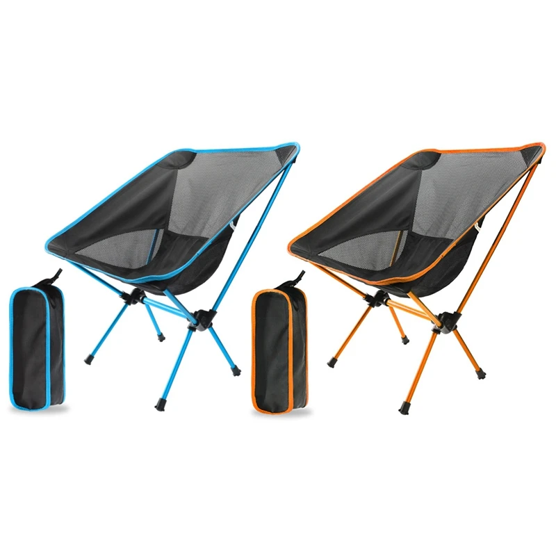 저렴한 2 피스 야외 접이식 의자 초경량 휴대용 낚시 의자 비치 의자 캠핑 의자 달 의자, 스카이 블루 & 오렌지
