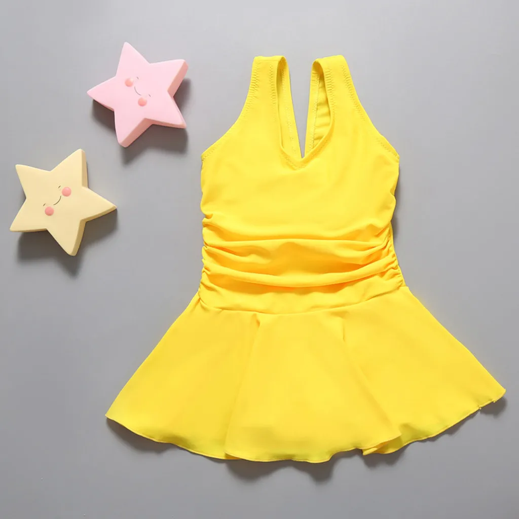 

Kids Girl Yellow Dress Swimwear Sleeveless Solid Color Bowknot Ruched Swimsuits Summer Swimming Beachwear Girl Clothes 6-7 Years