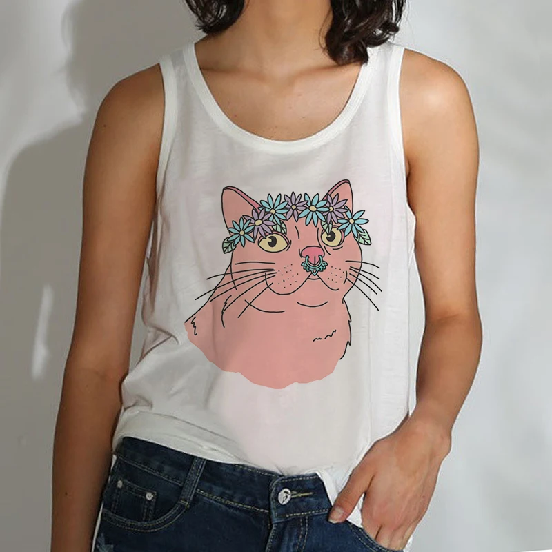 Женский жилет майка камисоль кошка принт пара футболки уличная одежда Харадзюку