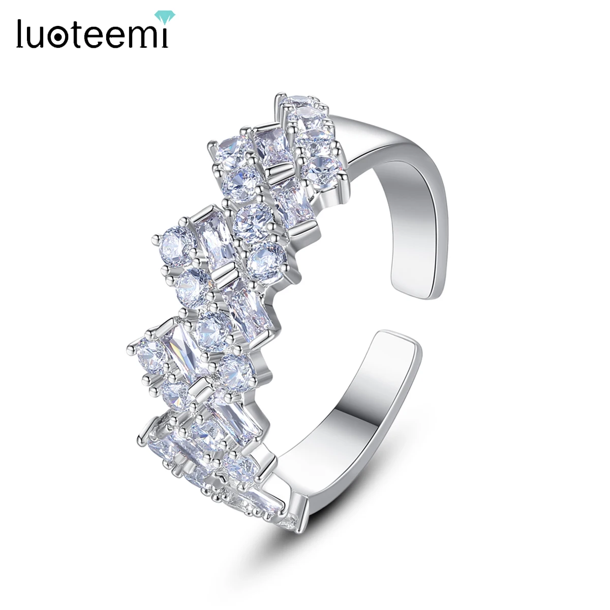 

LUOTEEMI New Trendy Resizeable Open Ring for Women Wedding with AAA Clear Cubic Zircon White Gold Color Bridal Fashion Jewelry