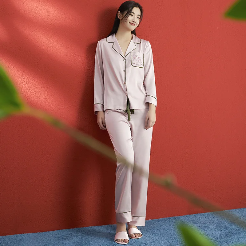 

Spring Pink Women Embroidery Flower Pajamas Set Pocket 2PCS Full Sleeve&Pant Satin Sleep Suit Lounge Sleepwear Home Wear M-XXL