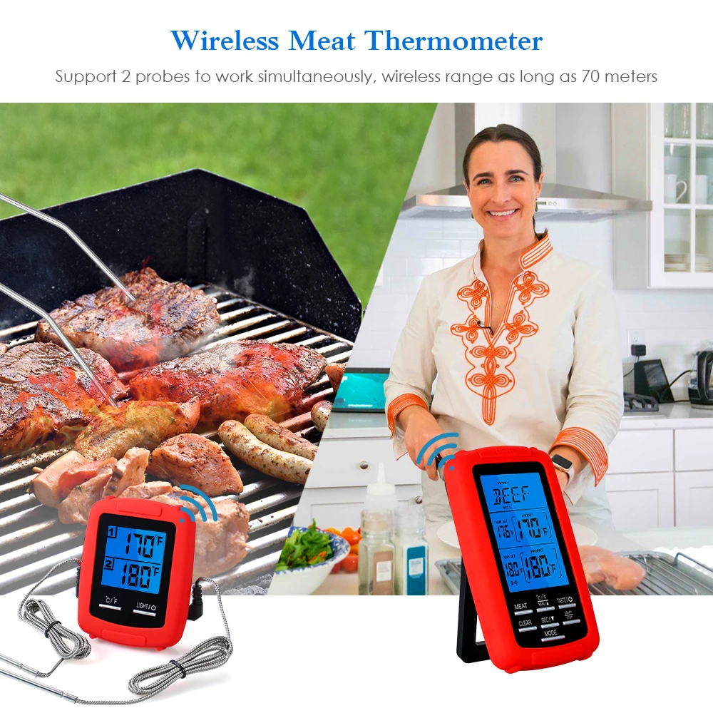 

New Wireless Meat Thermometer with 2 Probes LCD Display Backlight Countdown Timer Digital Remote BBQ Thermoters Barbeque Grill