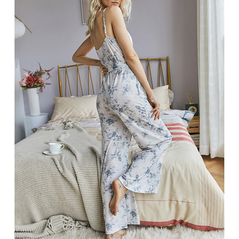 

Summer New Fashion Women Tie-Dye Jumpsuit Sashes Female 2020 Short Sleeve Pockets Casual Homewear Ankle-Length Pants G1769