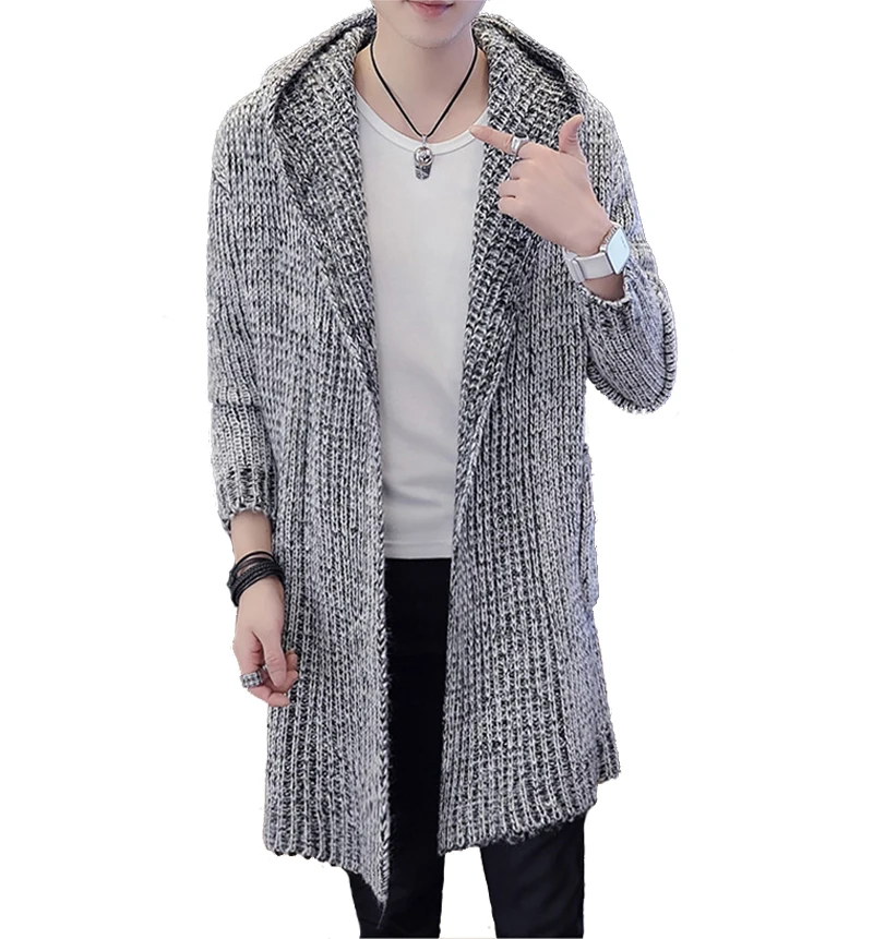2019 осень зима новый мужской длинный свитер однотонный рукав с капюшоном пальто