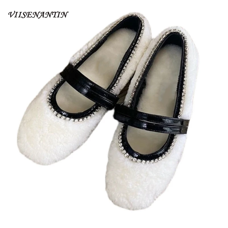 

Rhinestone Lamb Wool Teddy Single Shoes 2021 New Winter Furry Winter Outer Wear Flat Shoes Weet Lovely Casual Cotton Shoes
