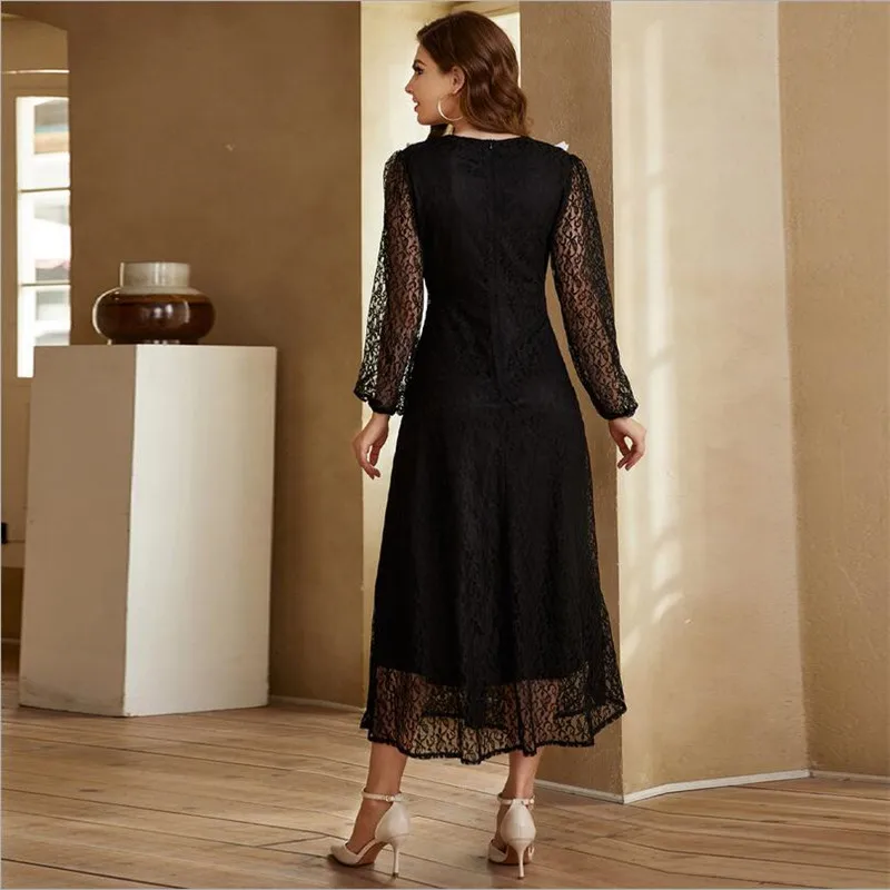 

Elgent Muslim Women Lace Long Dress Party Evening Long Sleeve Arabic Islamic Clothing Middle East Turkey Maxi Robe Gown Fashion