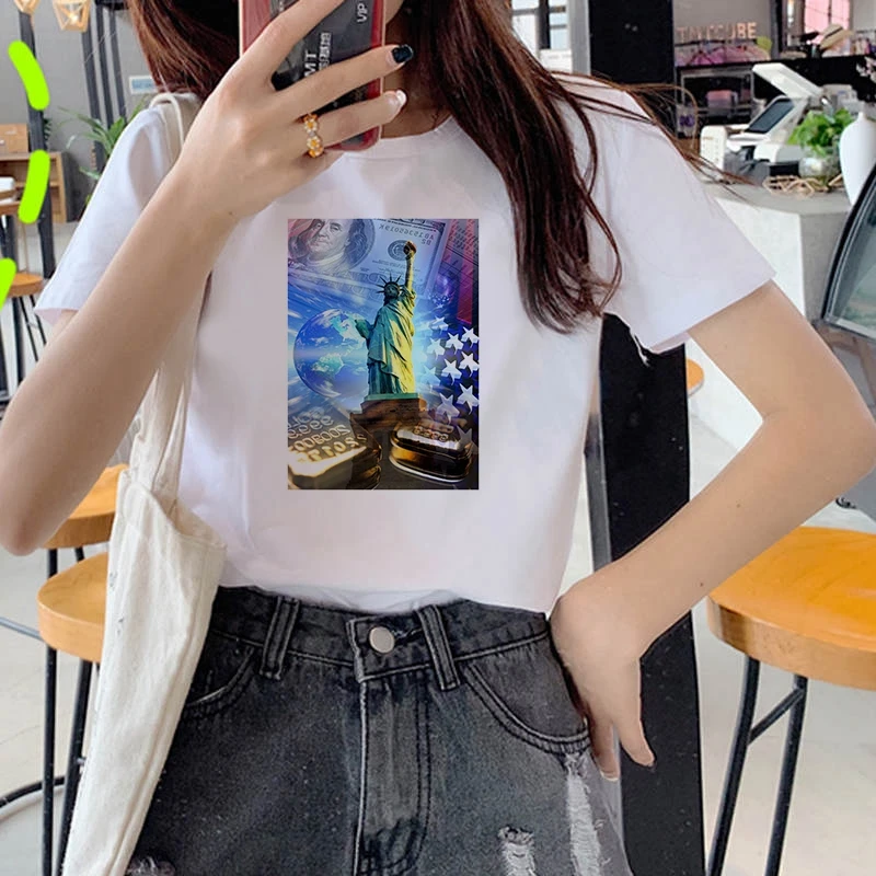 

Summer Statue of Liberty T-shirt Women White O-Neck T-Shirt Women Funny Vintage Vogue TShirt Femme Streetwear