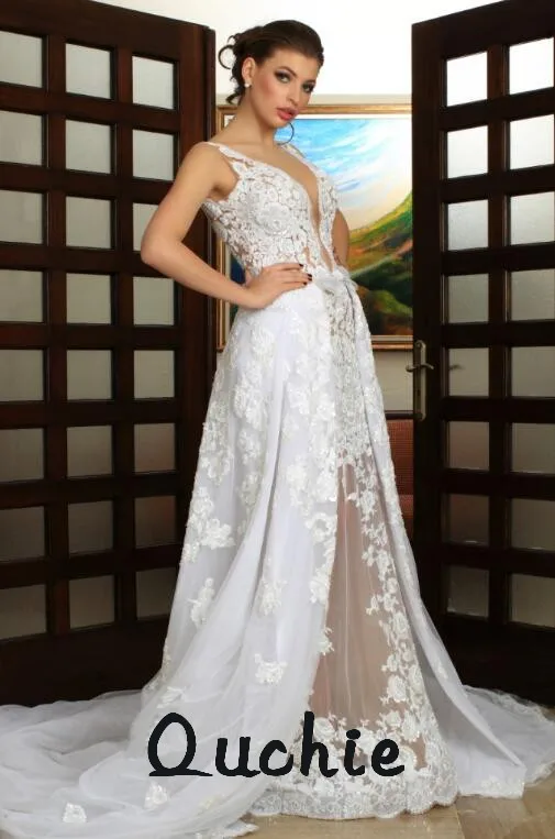 Платье свадебное со съемным шлейфом с аппликацией открытой спиной иллюзией