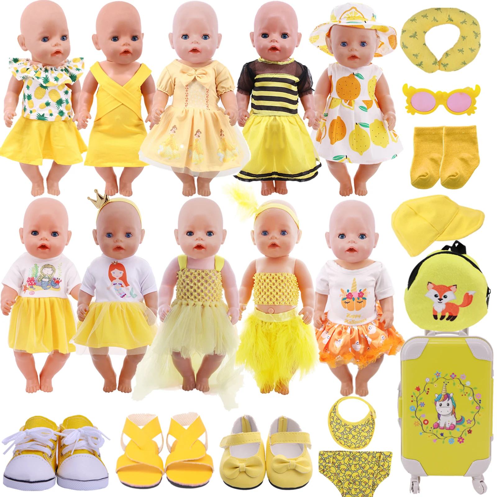 

Doll Clothes Yellow Daily Wear,Veil Skirt PU Shoes For 18Inch Girl Of American&43 Cm Reborn Baby Doll Accessories,Halloween Gift