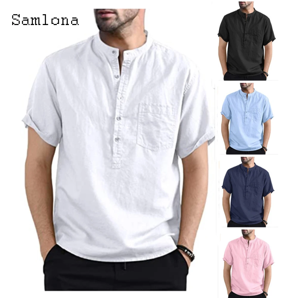 Short Sleeve Mens Blouse Homme Spliced Buttons Linen Top Pullovers Sexy Men clothing 2022 Summer New Casual Shirt blusas White