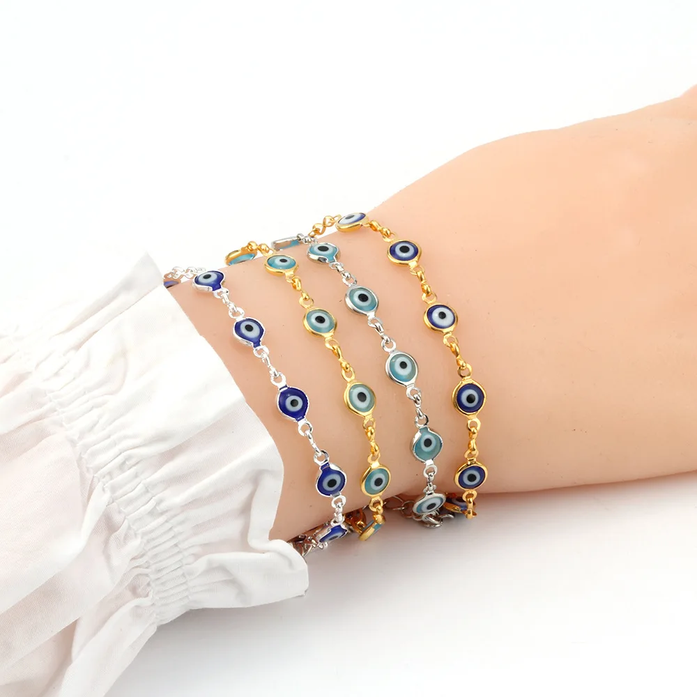 

Fashion Stainless Steel Bracelets Gold Blue Red Evil Eye Enamel Bead Bracelet Jewelry For Women Men Gifts 18.7cm Long 1 PC